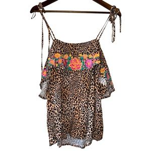 NWT Savanna Jane Floral Embroidered Cold Shoulder Leopard Print Top Boho Sz S